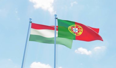 Portekiz ve Macaristan, iki bayrak sallayarak karşı mavi gökyüzü. 3D görüntü