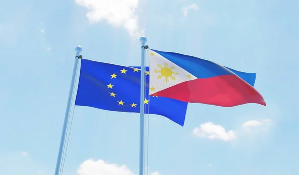 Filipina Dan Uni Eropa Dua Bendera Melambai Melawan Langit Biru — Stok Foto