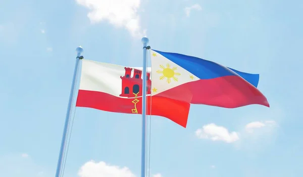 Filippinerna Och Gibraltar Två Flaggor Vajande Mot Blå Himmel Bild — Stockfoto
