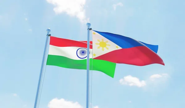Filipinler ve Hindistan, iki bayrak sallayarak karşı mavi gökyüzü. 3D görüntü
