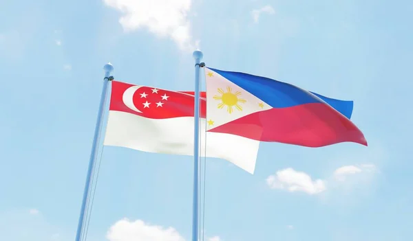 Filipíny Singapur Dva Vlají Proti Modré Obloze Obrázek — Stock fotografie