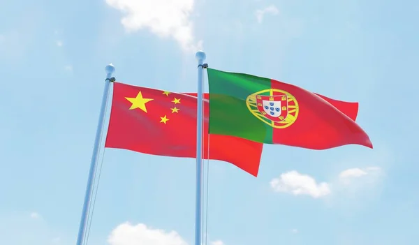 Portugal China Duas Bandeiras Acenando Contra Céu Azul Imagem — Fotografia de Stock