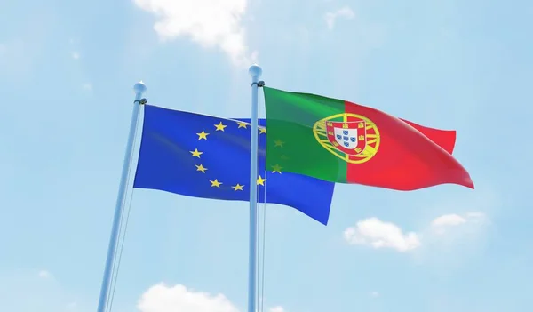 Portugal Och Två Flaggor Vajande Mot Blå Himmel Bild — Stockfoto