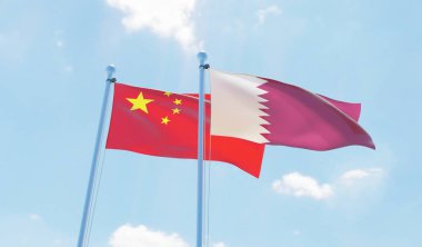 Katar ve Çin, iki bayrak sallayarak karşı mavi gökyüzü. 3D görüntü