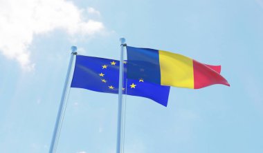 Romanya ve Avrupa Birliği, iki bayrak sallayarak karşı mavi gökyüzü. 3D görüntü