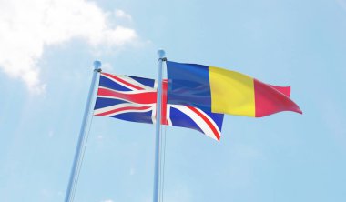 Romanya ve İngiltere, iki bayrak sallayarak karşı mavi gökyüzü. 3D görüntü