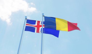 Romanya ve İzlanda, iki bayrak sallayarak karşı mavi gökyüzü. 3D görüntü