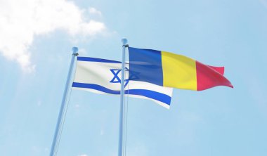 Romanya ve İsrail, iki bayrak sallayarak karşı mavi gökyüzü. 3D görüntü