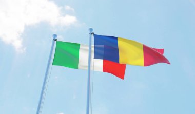 Romanya ve İtalya, iki bayrak sallayarak karşı mavi gökyüzü. 3D görüntü