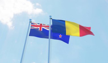 Romanya ve Yeni Zelanda, iki bayrak sallayarak karşı mavi gökyüzü. 3D görüntü