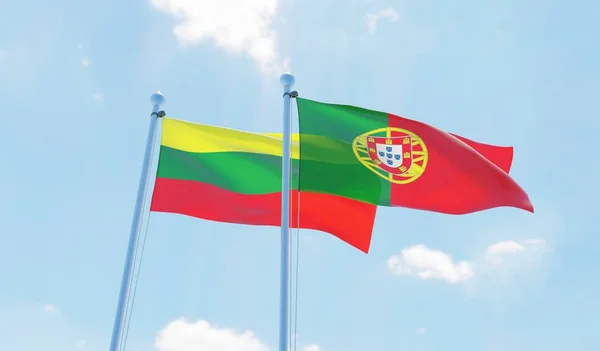 葡萄牙和立陶宛 两旗飘扬在蓝天上 — 图库照片
