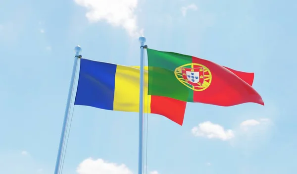 Portugal Rumanía Dos Banderas Ondeando Contra Cielo Azul Imagen — Foto de Stock