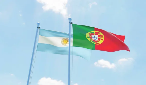 葡萄牙和阿根廷 两旗飘扬在蓝天上 — 图库照片