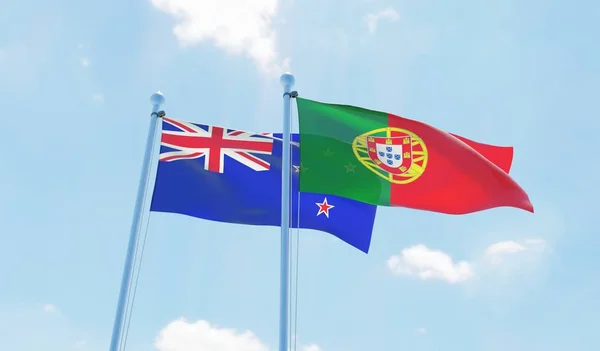 Португалия Новая Зеландия Два Флага Размахивающих Голубым Небом Изображение — стоковое фото