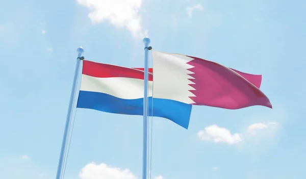 Katar Nizozemsko Dvě Vlají Proti Modré Obloze Obrázek — Stock fotografie