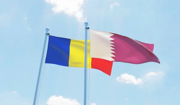 Qatar Och Rumänien Två Flaggor Vajande Mot Blå Himmel Bild — Stockfoto