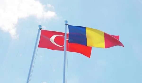 Rumunsko Turecko Dva Vlají Proti Modré Obloze Obrázek — Stock fotografie