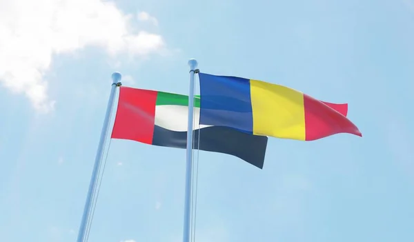 Ρουμανία Και Ηνωμένα Αραβικά Εμιράτα Δύο Σημαίες Ανεμίζουν Κατά Της — Φωτογραφία Αρχείου