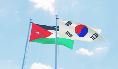Güney Kore ve Jordan, iki bayrak sallayarak karşı mavi gökyüzü. 3D görüntü