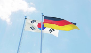 Güney Kore ve Almanya, iki bayrak sallayarak karşı mavi gökyüzü. 3D görüntü