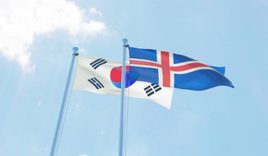 Güney Kore ve İzlanda, iki bayrak sallayarak karşı mavi gökyüzü. 3D görüntü