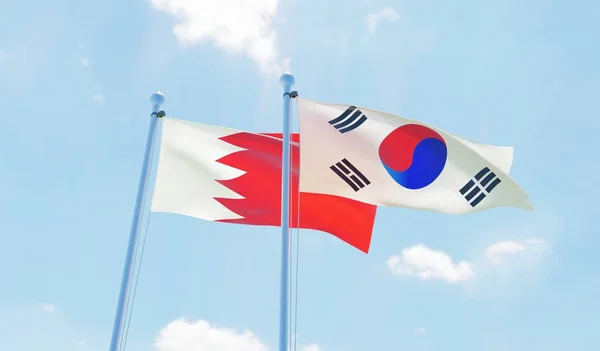 Южная Корея Бахрейн Два Флага Размахивающих Голубым Небом Изображение — стоковое фото