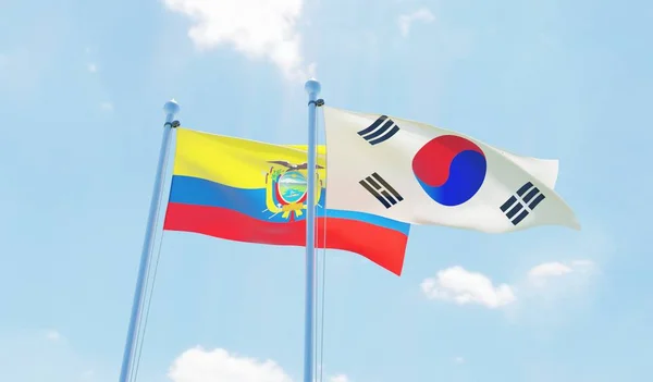 Corea Del Sur Ecuador Dos Banderas Ondeando Contra Cielo Azul — Foto de Stock