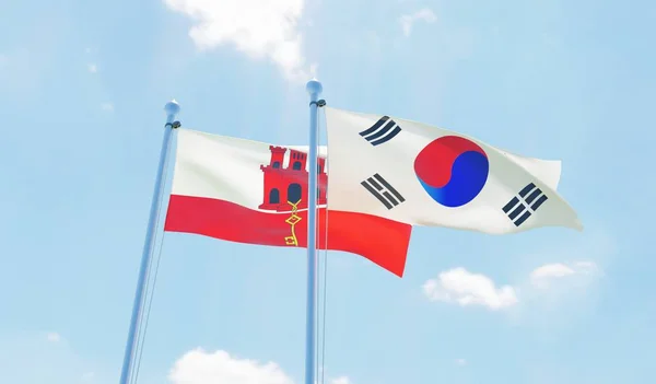 Южная Корея Гибралтар Два Флага Размахивающих Голубым Небом Изображение — стоковое фото