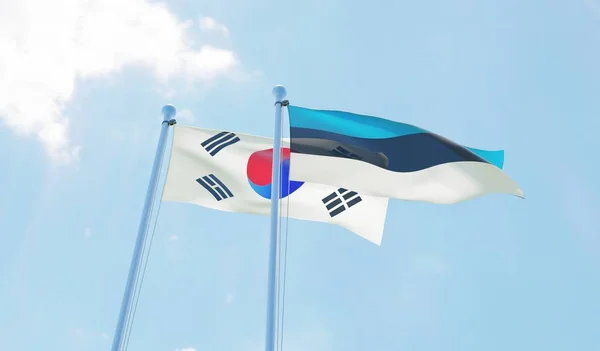 Corea Del Sur Estonia Dos Banderas Ondeando Contra Cielo Azul —  Fotos de Stock