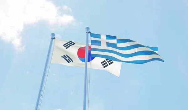 Corea Del Sur Grecia Dos Banderas Ondeando Contra Cielo Azul —  Fotos de Stock