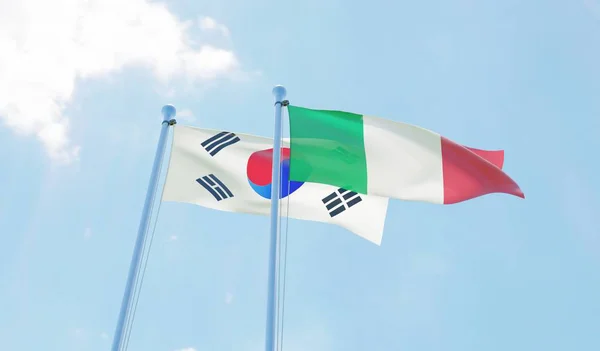 Южная Корея Италия Два Флага Размахивающих Голубым Небом Изображение — стоковое фото