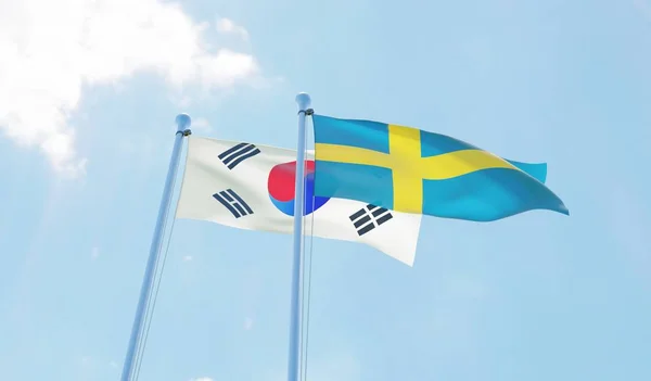 Южная Корея Швеция Два Флага Размахивающих Голубым Небом Изображение — стоковое фото