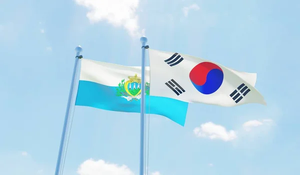 Южная Корея Сан Марино Два Флага Размахивающих Голубым Небом Изображение — стоковое фото