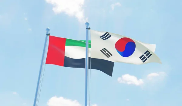 Южная Корея Объединенные Арабские Эмираты Два Флага Размахивающих Голубым Небом — стоковое фото