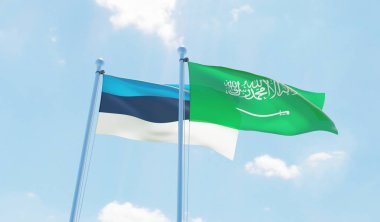 Suudi Arabistan ve Estonya, iki bayrak sallayarak karşı mavi gökyüzü. 3D görüntü