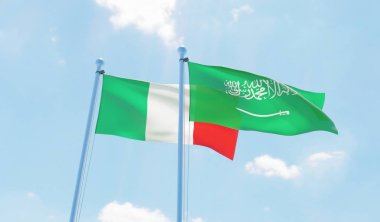 Suudi Arabistan ve İtalya, iki bayrak sallayarak karşı mavi gökyüzü. 3D görüntü