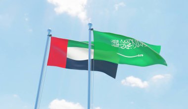 Suudi Arabistan ve Birleşik Arap Emirlikleri, iki bayrak sallayarak karşı mavi gökyüzü. 3D görüntü