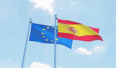 İspanya ve Avrupa Birliği, iki bayrak sallayarak karşı mavi gökyüzü. 3D görüntü