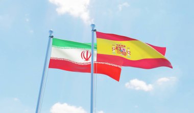 İspanya ve Iran, iki bayrak sallayarak karşı mavi gökyüzü. 3D görüntü
