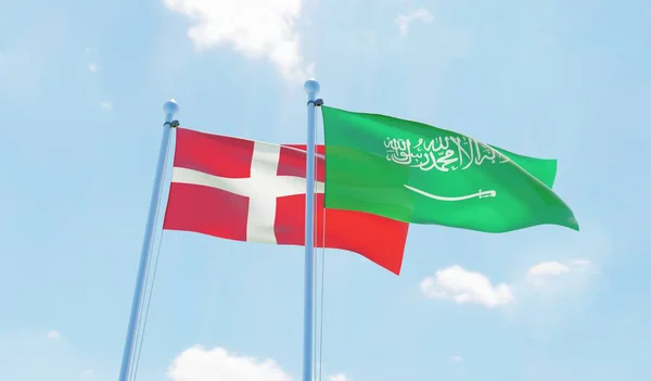 Saudi Arabia Und Denmark Zwei Flaggen Wehen Gegen Den Blauen — Stockfoto