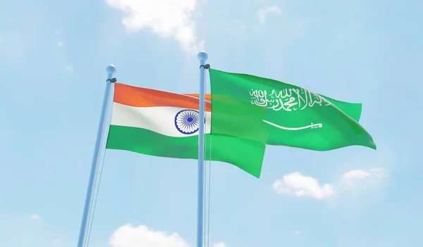 Saudi Arabien Und Indien Zwei Fahnen Wehen Gegen Den Blauen — Stockfoto