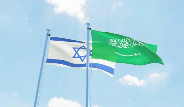 Szaúd Arábia Izrael Két Zászlókat Lengetve Ellen Blue Sky Kép — Stock Fotó