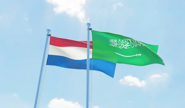 Saudi Arabien Und Die Niederlande Zwei Flaggen Wehen Gegen Den — Stockfoto