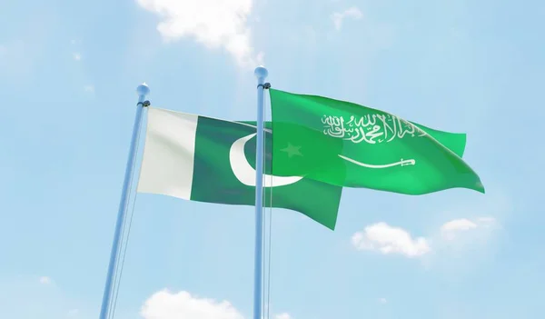 Saudiarabien Och Pakistan Två Flaggor Vajande Mot Blå Himmel Bild — Stockfoto