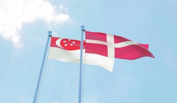 Singapur Dania Dwie Flagi Macha Przeciw Błękitne Niebo Obraz — Zdjęcie stockowe