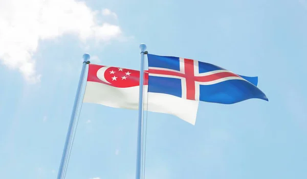Singapur Islandii Dwie Flagi Macha Przeciw Błękitne Niebo Obraz — Zdjęcie stockowe