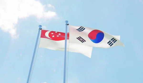 Singapur Corea Del Sur Dos Banderas Ondeando Contra Cielo Azul —  Fotos de Stock