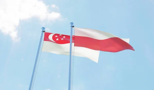 新加坡和波兰 两旗飘扬在蓝天上 — 图库照片