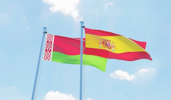 Hiszpania Białoruś Dwie Flagi Macha Przeciw Błękitne Niebo Obraz — Zdjęcie stockowe