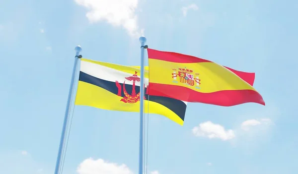 Hiszpania Brunei Dwie Flagi Macha Przeciw Błękitne Niebo Obraz — Zdjęcie stockowe